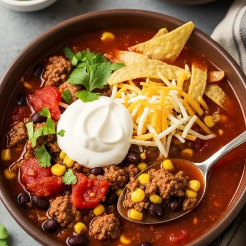A top-down view of a bowl of taco soup loaded with ground beef, beans, and corn, topped with a dollop of sour cream, shredded cheese, and tortilla chips on a grey countertop.