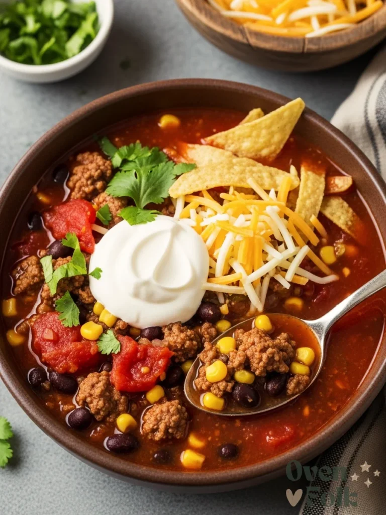 A top-down view of a bowl of taco soup loaded with ground beef, beans, and corn, topped with a dollop of sour cream, shredded cheese, and tortilla chips on a grey countertop.
