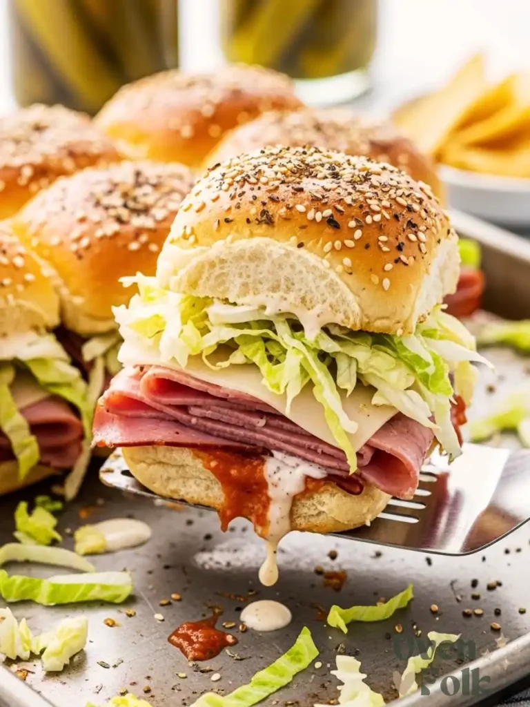 A spatula lifting a baked Italian slider with salami, cheese, and lettuce from a sheet pan.