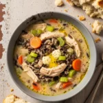 A top-down view of a creamy bowl of wild rice soup filled with shredded chicken and carrots on a textured tan background.