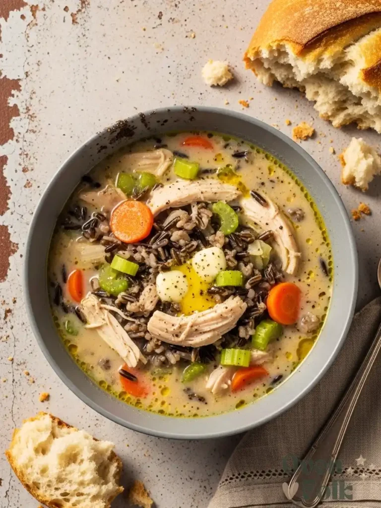 A top-down view of a creamy bowl of wild rice soup filled with shredded chicken and carrots on a textured tan background.