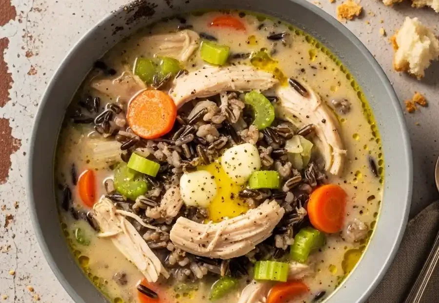A top-down view of a creamy bowl of wild rice soup filled with shredded chicken and carrots on a textured tan background.