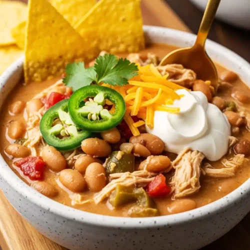 A creamy bowl of white chicken chili with Great Northern beans, topped with tortilla chips, jalapeños, sour cream, and cilantro on a wooden serving board.
