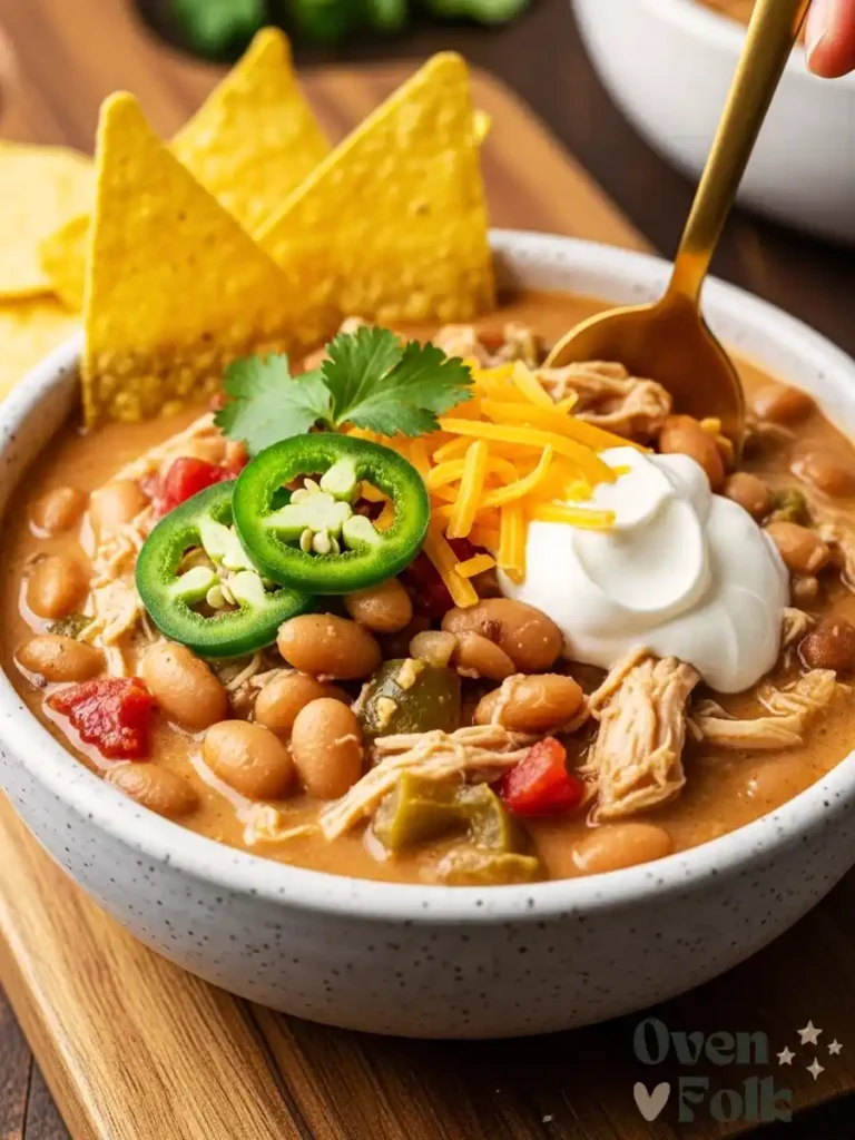 A creamy bowl of white chicken chili with Great Northern beans, topped with tortilla chips, jalapeños, sour cream, and cilantro on a wooden serving board.