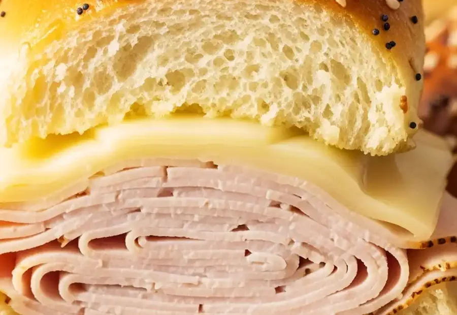 A close-up cross-section of a warm turkey and Swiss cheese slider on a buttery Hawaiian roll topped with everything bagel seasoning.