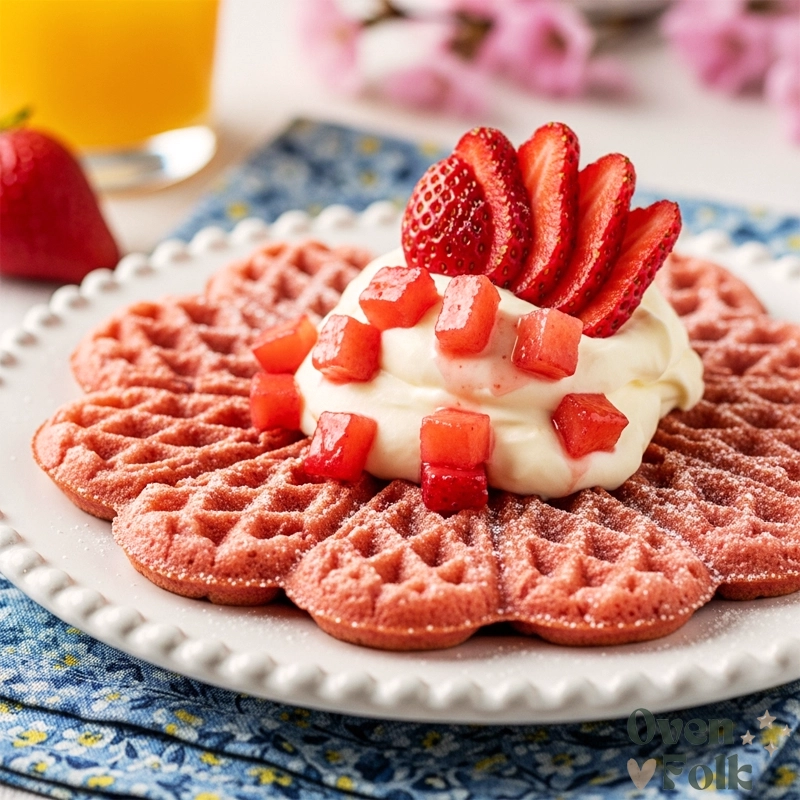 A professional top-down knolling flat lay of strawberry waffle ingredients including flour, egg, milk, and diced strawberries on a white marble background.