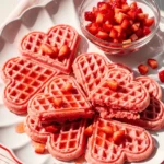 A close-up shot of heart-shaped pink strawberry waffles topped with whipped cream and fresh strawberries on a white plate.