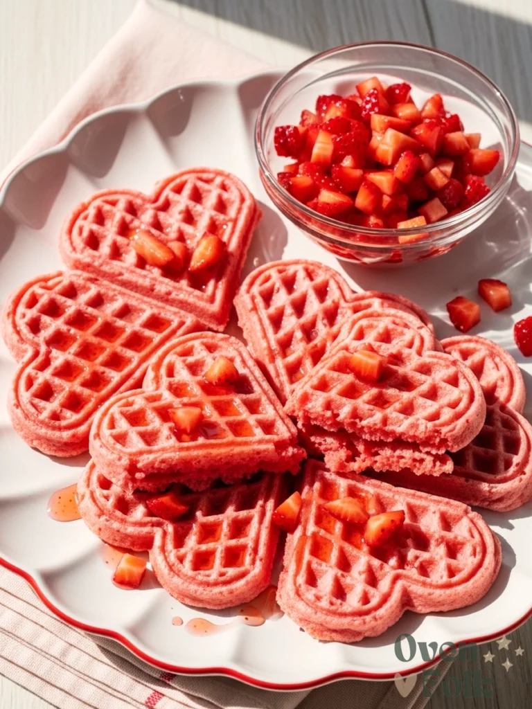 A close-up shot of heart-shaped pink strawberry waffles topped with whipped cream and fresh strawberries on a white plate.