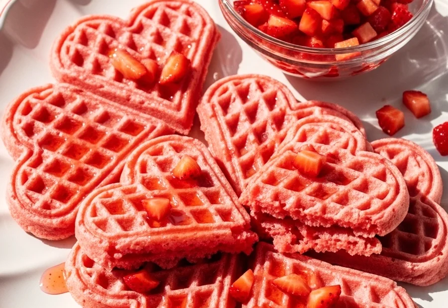 A close-up shot of heart-shaped pink strawberry waffles topped with whipped cream and fresh strawberries on a white plate.