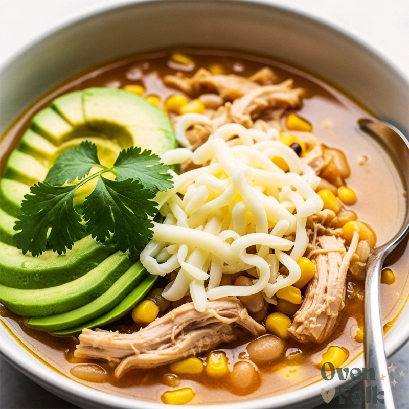 Close-up of a spoon in a bowl of creamy white chicken chili with avocado and shredded cheese.