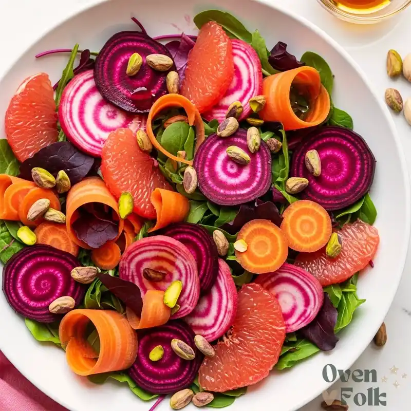 A vibrant pink salad featuring sliced candy cane beets, grapefruit segments, carrot ribbons, and pistachios.`