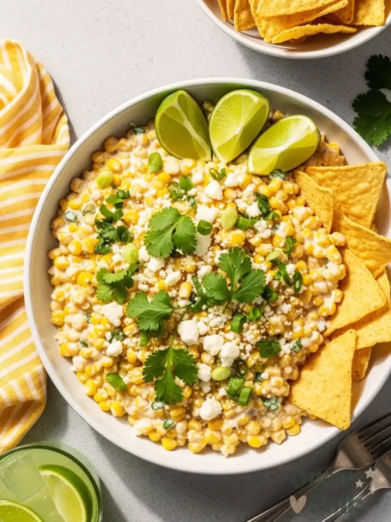 Overhead shot of a bowl of creamy Mexican Street Corn Dip garnished with lime and cilantro, served with tortilla chips.