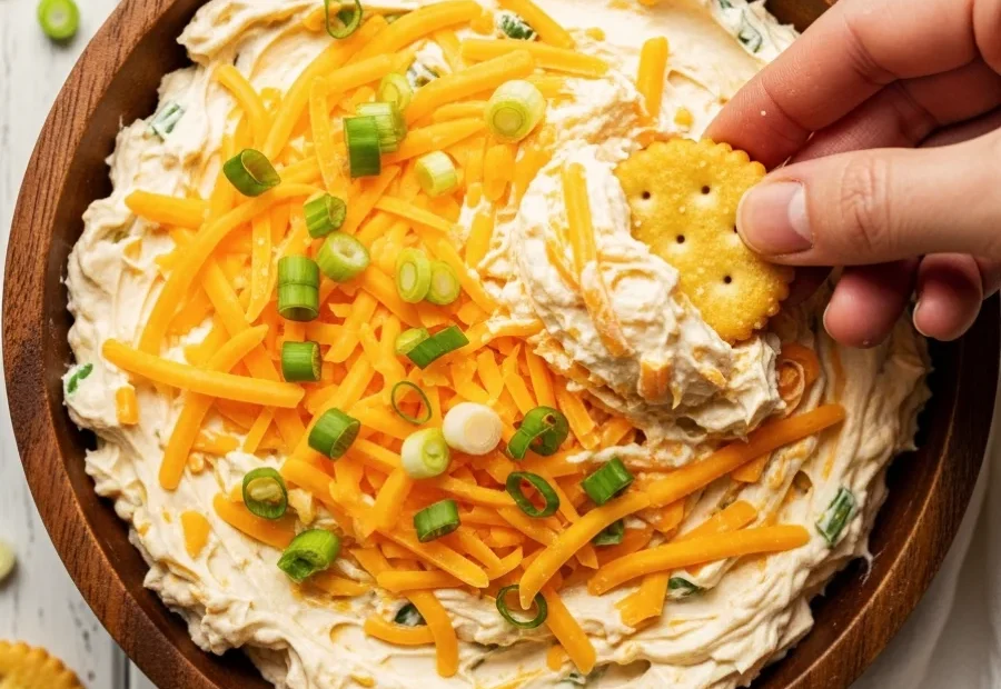 Top down view of a wooden bowl filled with creamy Million Dollar Dip loaded with shredded cheddar cheese, and green onions, being scooped with a round cracker.