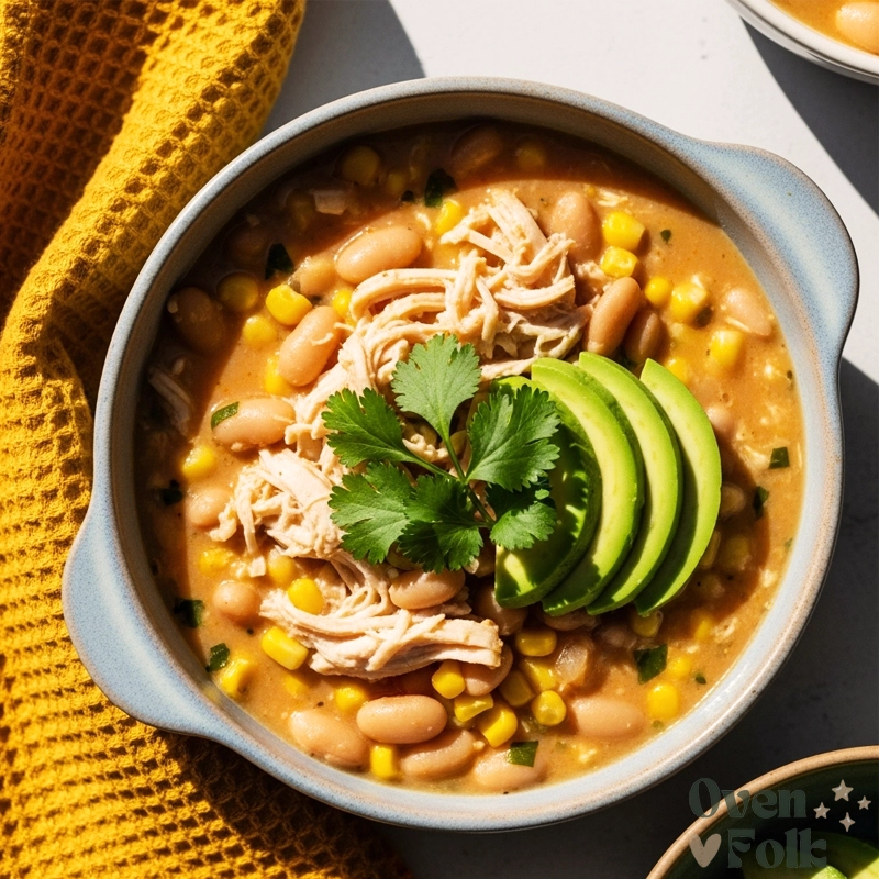 A macro overhead view of creamy white bean chili with shredded chicken, corn, and cilantro in a ceramic bowl.
