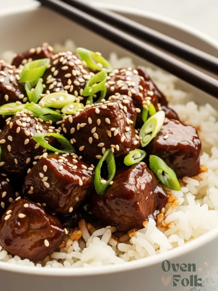 Close-up of tender beef cubes coated in a sticky soy glaze and toasted sesame seeds.