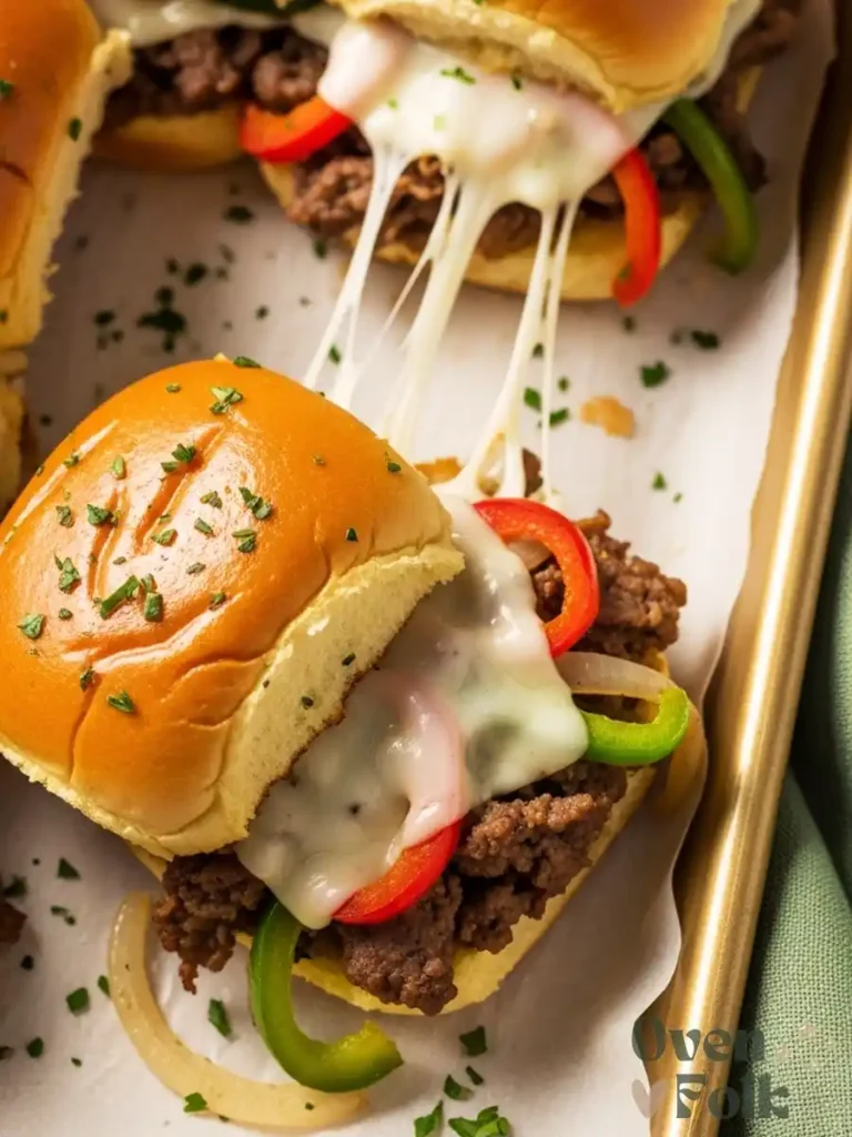 Baked Philly cheesesteak sliders with melted cheese, steak, and peppers on a baking sheet.