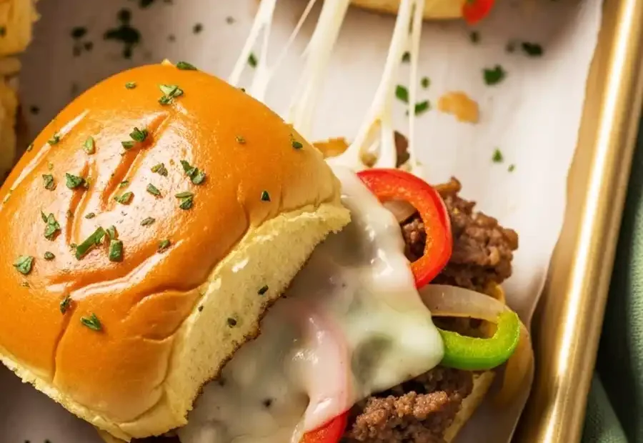 Baked Philly cheesesteak sliders with melted cheese, steak, and peppers on a baking sheet.