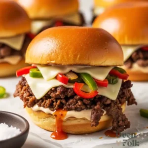 Baked Philly cheesesteak sliders with melted cheese, steak, and peppers on a baking sheet.