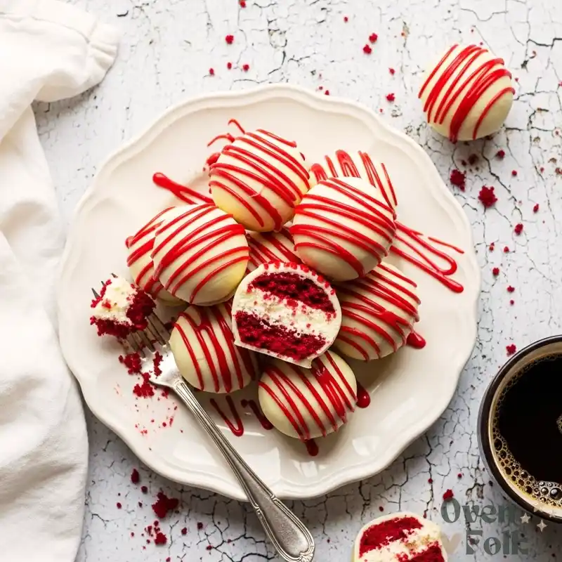 Overhead view of red velvet cheesecake truffles drizzled with red icing on a white plate.