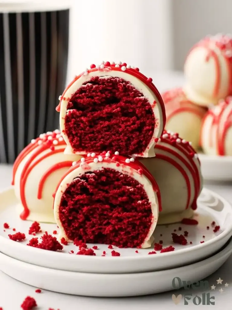 Cross-section of red velvet cheesecake bites coated in white chocolate and red sprinkles.