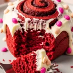 A close-up macro shot of a red velvet cinnamon roll with thick cream cheese frosting and a bite taken out with a silver fork.