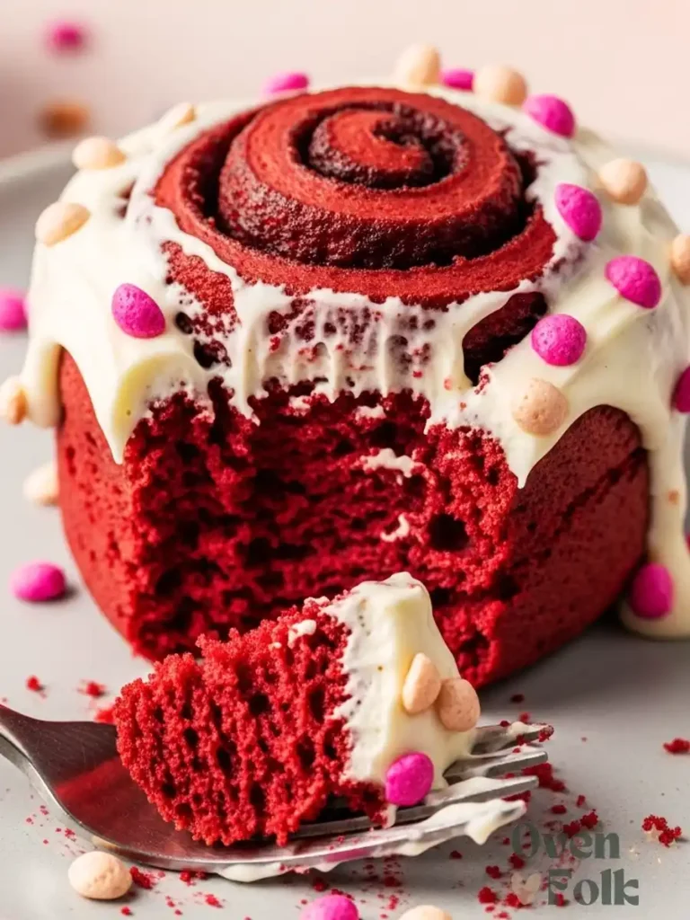 A close-up macro shot of a red velvet cinnamon roll with thick cream cheese frosting and a bite taken out with a silver fork.