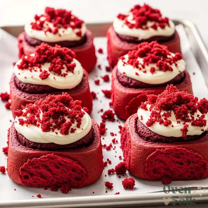 Extreme macro close-up of a deep ruby red velvet cinnamon roll with thick melting cream cheese frosting and peppermint shards.
