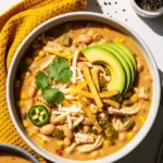 Creamy rotisserie chicken white bean chili topped with avocado, tortilla strips, jalapeño, and cilantro in a bowl