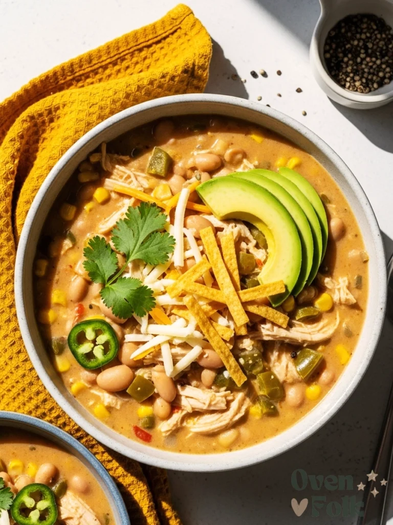Creamy rotisserie chicken white bean chili topped with avocado, tortilla strips, jalapeño, and cilantro in a bowl