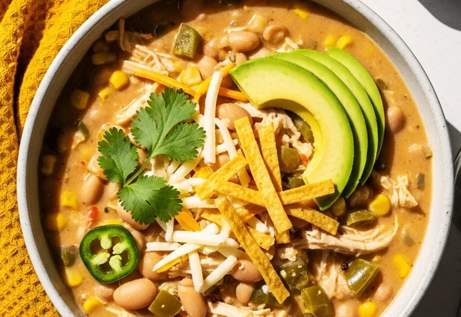Creamy rotisserie chicken white bean chili topped with avocado, tortilla strips, jalapeño, and cilantro in a bowl