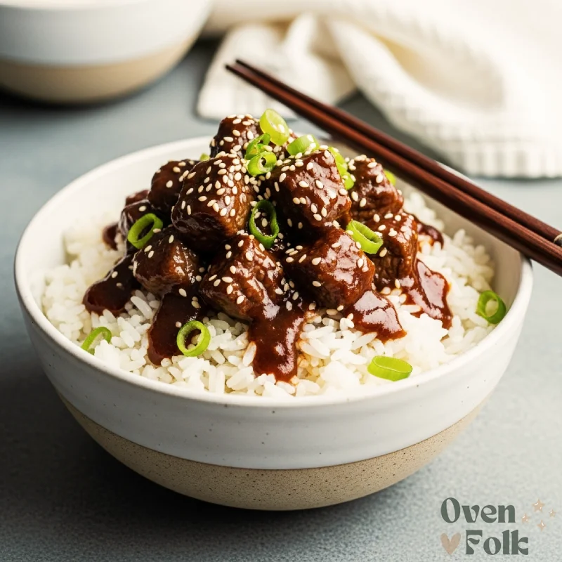 A bowl of Slow Cooker Mongolian Beef served over white rice with chopsticks and green onions.