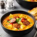 A creamy bowl of slow cooker sausage and potato chowder with fresh parsley garnish and toasted bread.