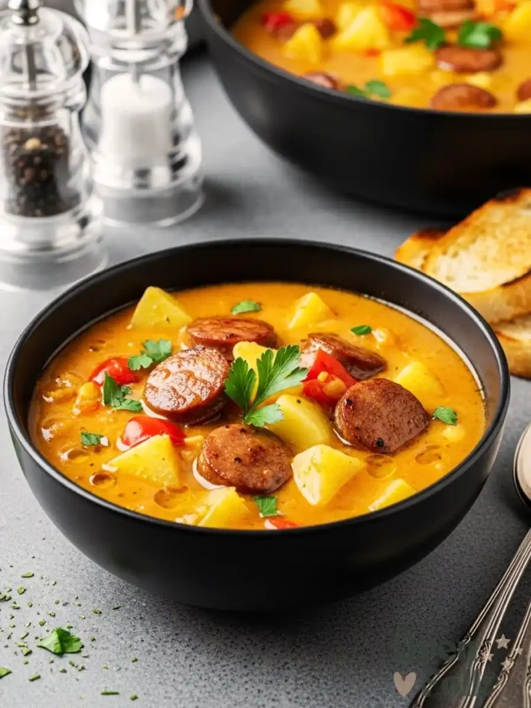 A creamy bowl of slow cooker sausage and potato chowder with fresh parsley garnish and toasted bread.