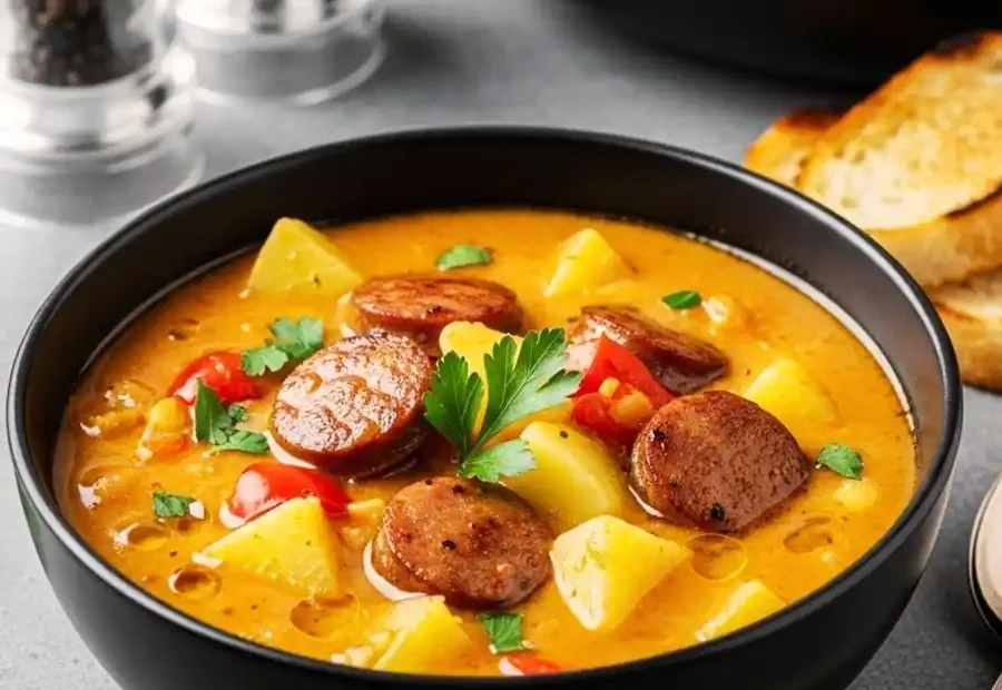 A creamy bowl of slow cooker sausage and potato chowder with fresh parsley garnish and toasted bread.