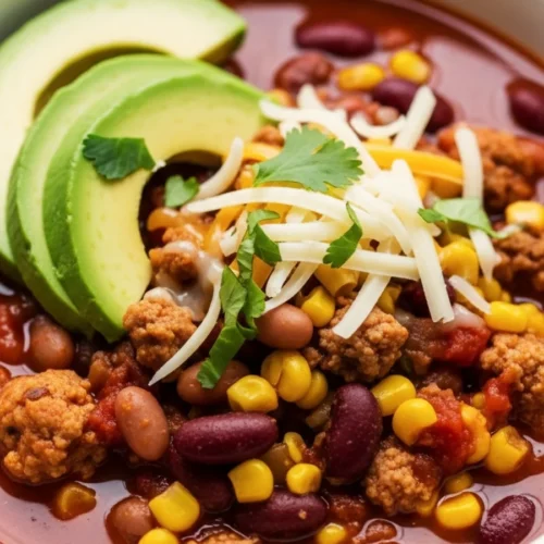Close-up view of a bowl of slow cooker turkey chili topped with fresh avocado, cheese, and cilantro, featuring ground turkey, beans, and corn.