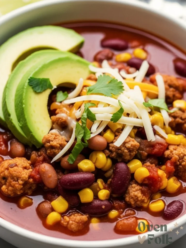 Close-up view of a bowl of slow cooker turkey chili topped with fresh avocado, cheese, and cilantro, featuring ground turkey, beans, and corn.