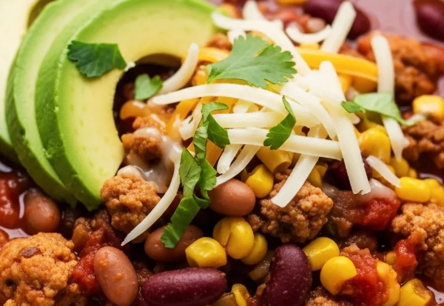 Close-up view of a bowl of slow cooker turkey chili topped with fresh avocado, cheese, and cilantro, featuring ground turkey, beans, and corn.