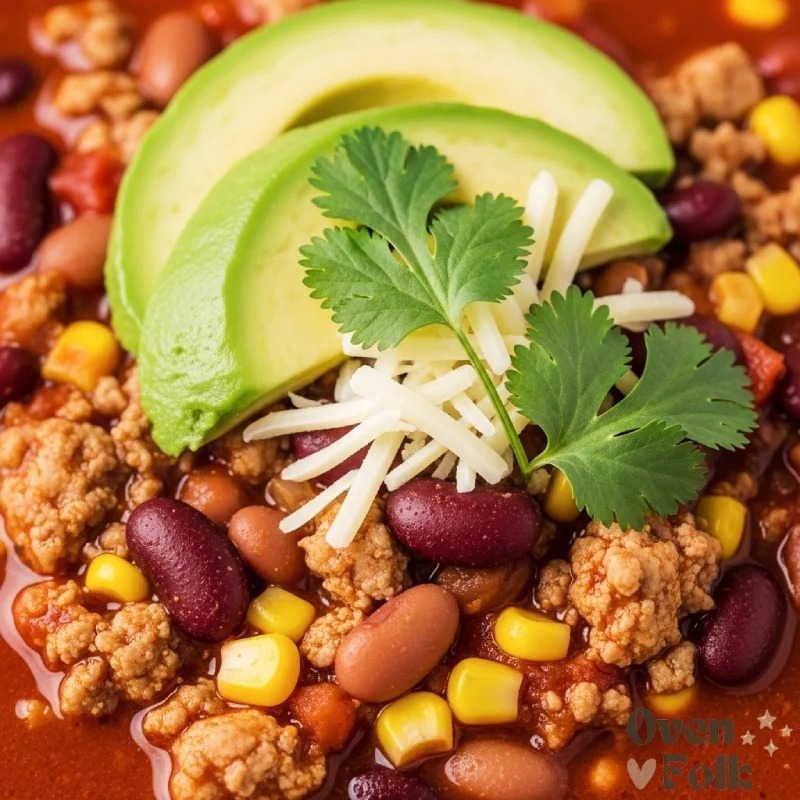 Extreme close-up of slow cooker turkey chili with beans, corn, avocado, and cheese.
