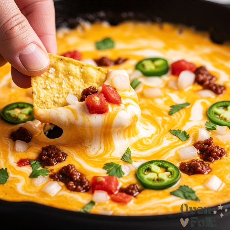 Extreme close-up of a tortilla chip being dipped into a thick, creamy smoked queso dip with chorizo and jalapeños.