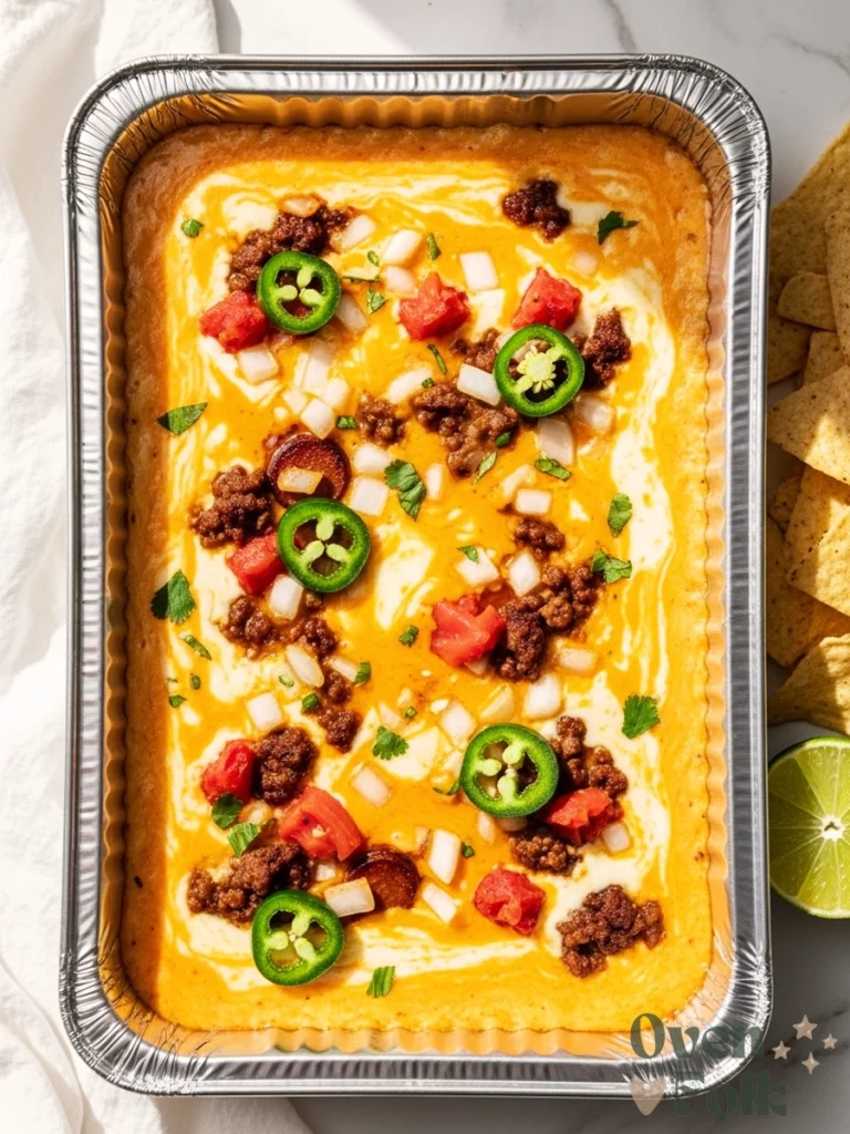 Overhead view of bubbling smoked queso dip in an aluminum tray with melted cheese, chorizo, and jalapeños on a white marble surface.