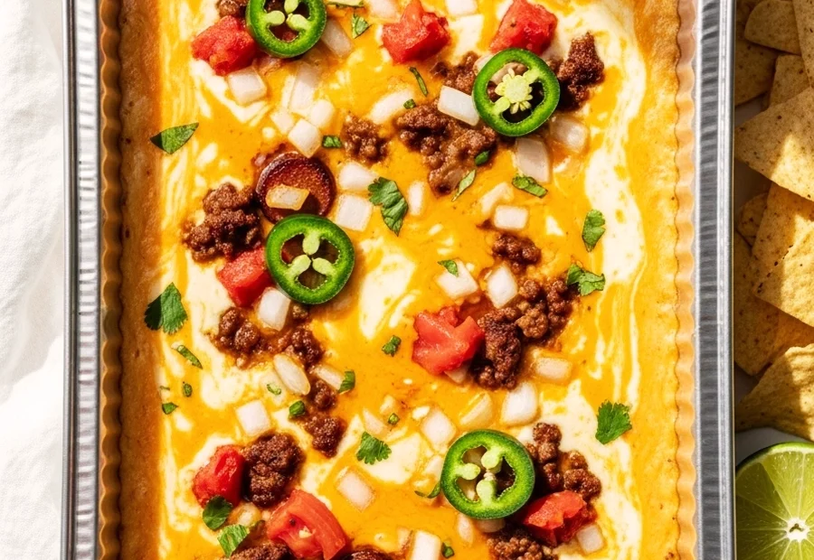 Overhead view of bubbling smoked queso dip in an aluminum tray with melted cheese, chorizo, and jalapeños on a white marble surface.