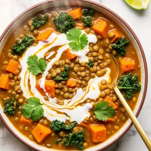 A close-up view of a bowl of lentil and sweet potato stew with kale, cilantro, and coconut milk on a marble counter with a gold spoon.