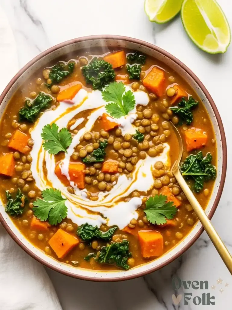 A close-up view of a bowl of lentil and sweet potato stew with kale, cilantro, and coconut milk on a marble counter with a gold spoon.