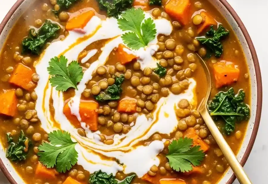 A close-up view of a bowl of lentil and sweet potato stew with kale, cilantro, and coconut milk on a marble counter with a gold spoon.