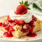 Plated serving of strawberry dump cake topped with whipped cream and a fresh strawberry slice.
