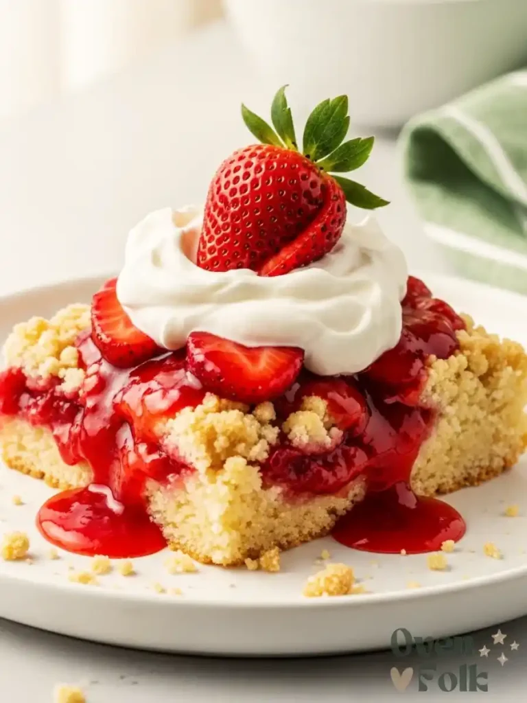 Plated serving of strawberry dump cake topped with whipped cream and a fresh strawberry slice.