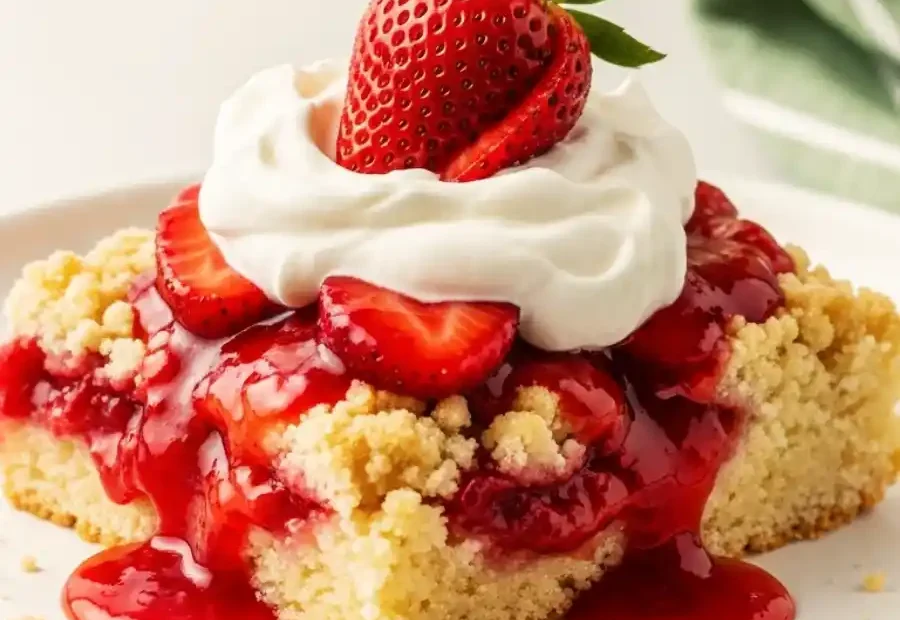 Plated serving of strawberry dump cake topped with whipped cream and a fresh strawberry slice.