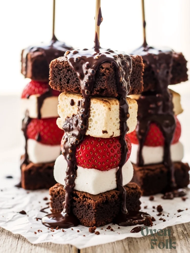 A bright, macro-style close-up of dessert skewers featuring layers of moist brownie chunks, fresh red strawberries, and marshmallows with a glossy chocolate drizzle.