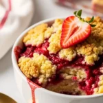 A close up shot of a bowl of strawberry cobbler with golden cake crumbs and red glaze topped with a sliced strawberry.