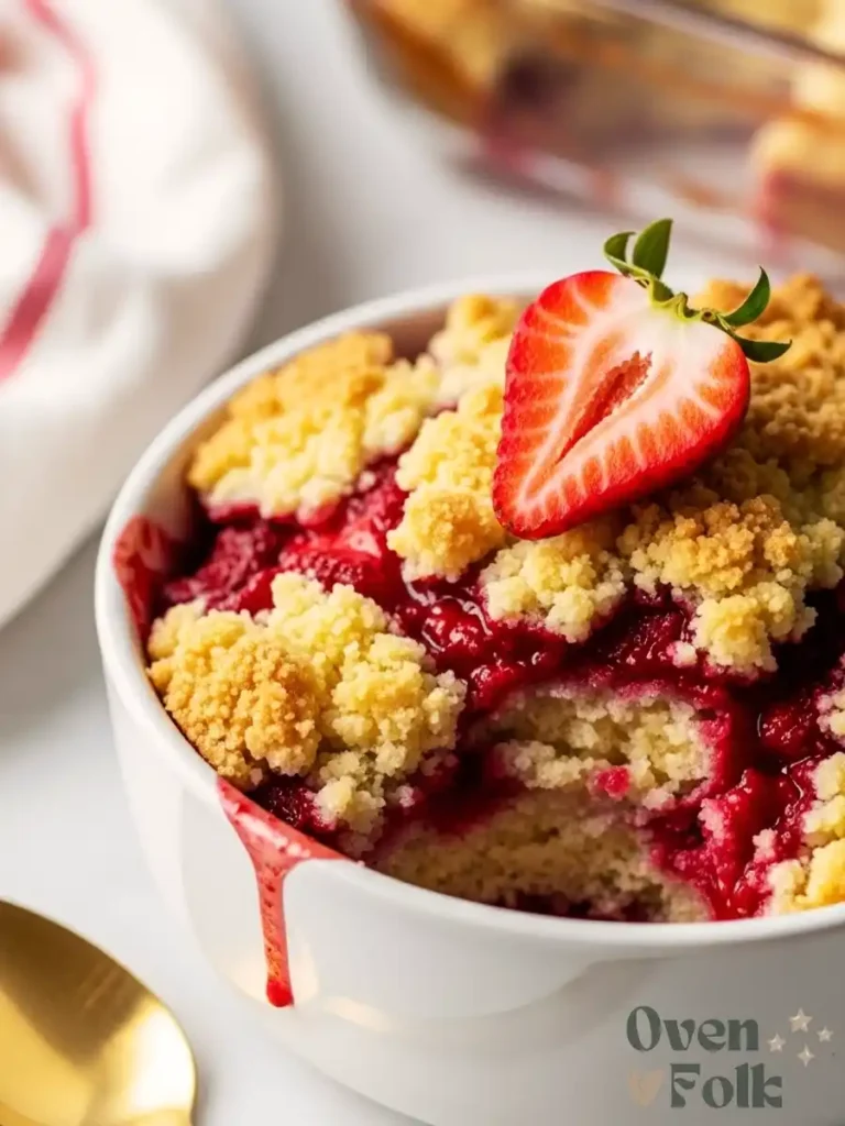 A close up shot of a bowl of strawberry cobbler with golden cake crumbs and red glaze topped with a sliced strawberry.